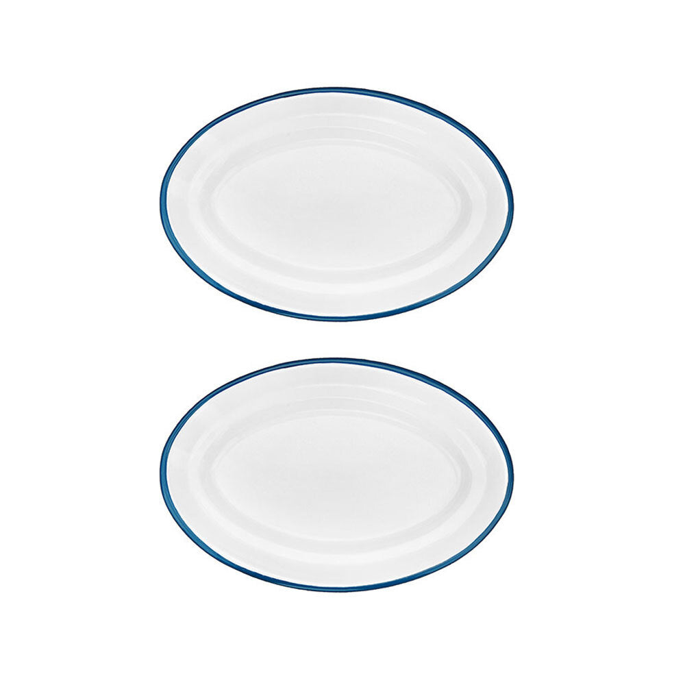 2x Urban Style Enamelware 30cm Oval Tray w/ Blue Rim - White