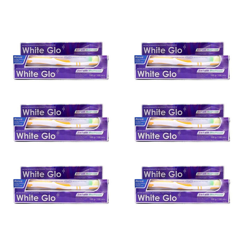 6x 2pc White Glo 2in1 w/ Mouthwash Toothbrush & Whitening Toothpaste Set 100ml
