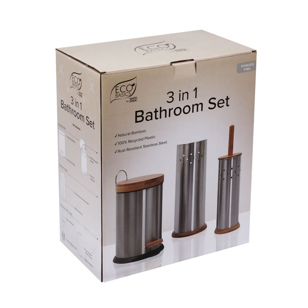 Eco Basics 3-in-1 Bathroom Toilet/Roll Holder/3L Bin Set - Stainless Steel