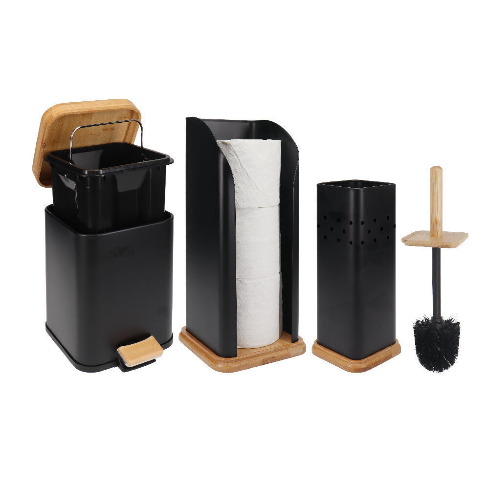 2PK Eco Basics 3in1 Square Bathroom Bin Toilet Brush & Roll Holder Set 41.5cm Black