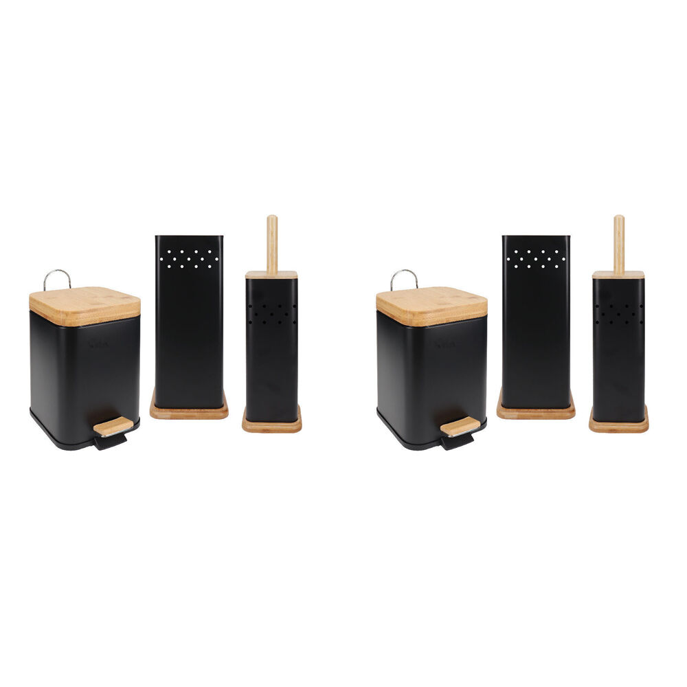 2PK Eco Basics 3in1 Square Bathroom Bin Toilet Brush & Roll Holder Set 41.5cm Black