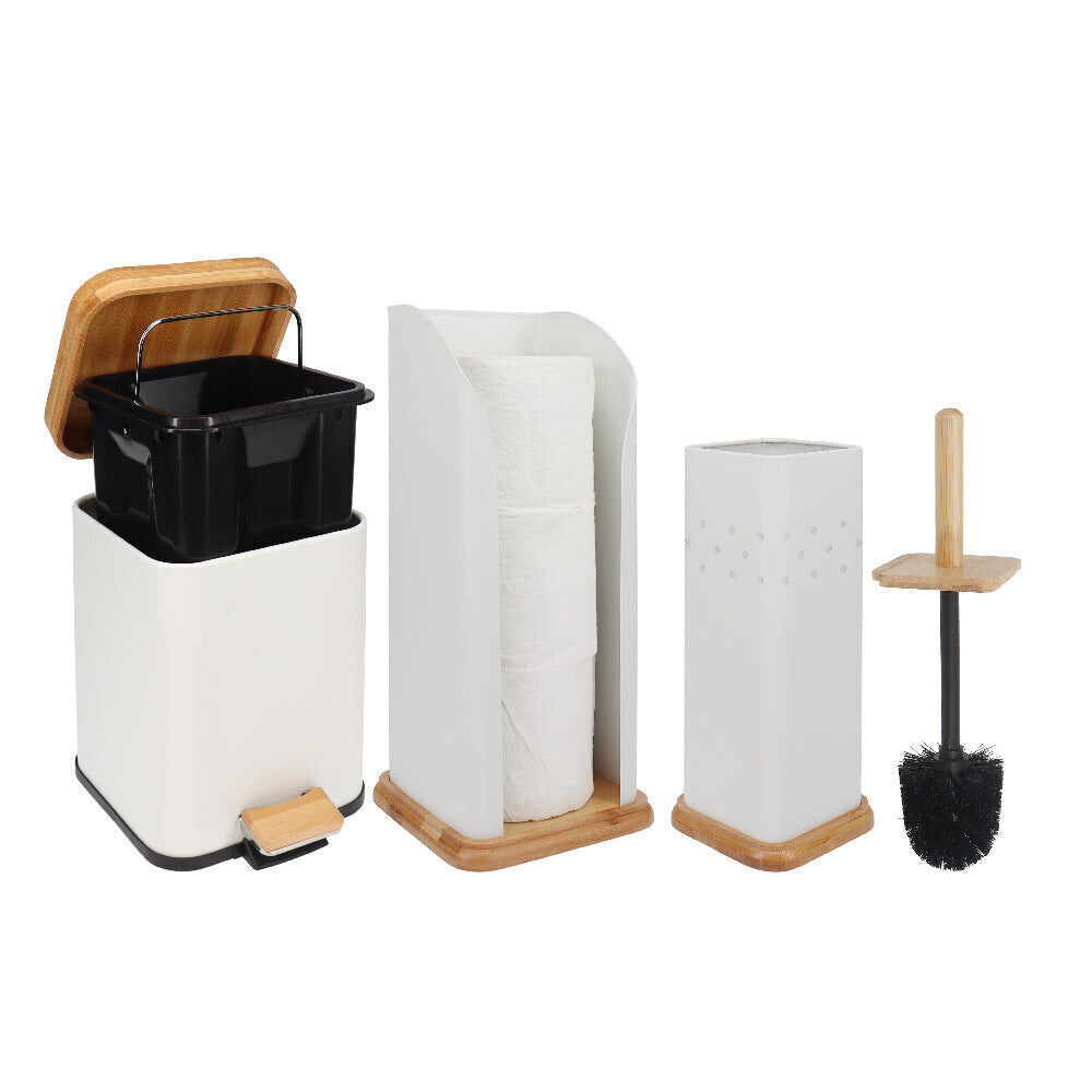2PK Eco Basics 3in1 Square Bathroom Bin Toilet Brush & Roll Holder Set 41.5cm White