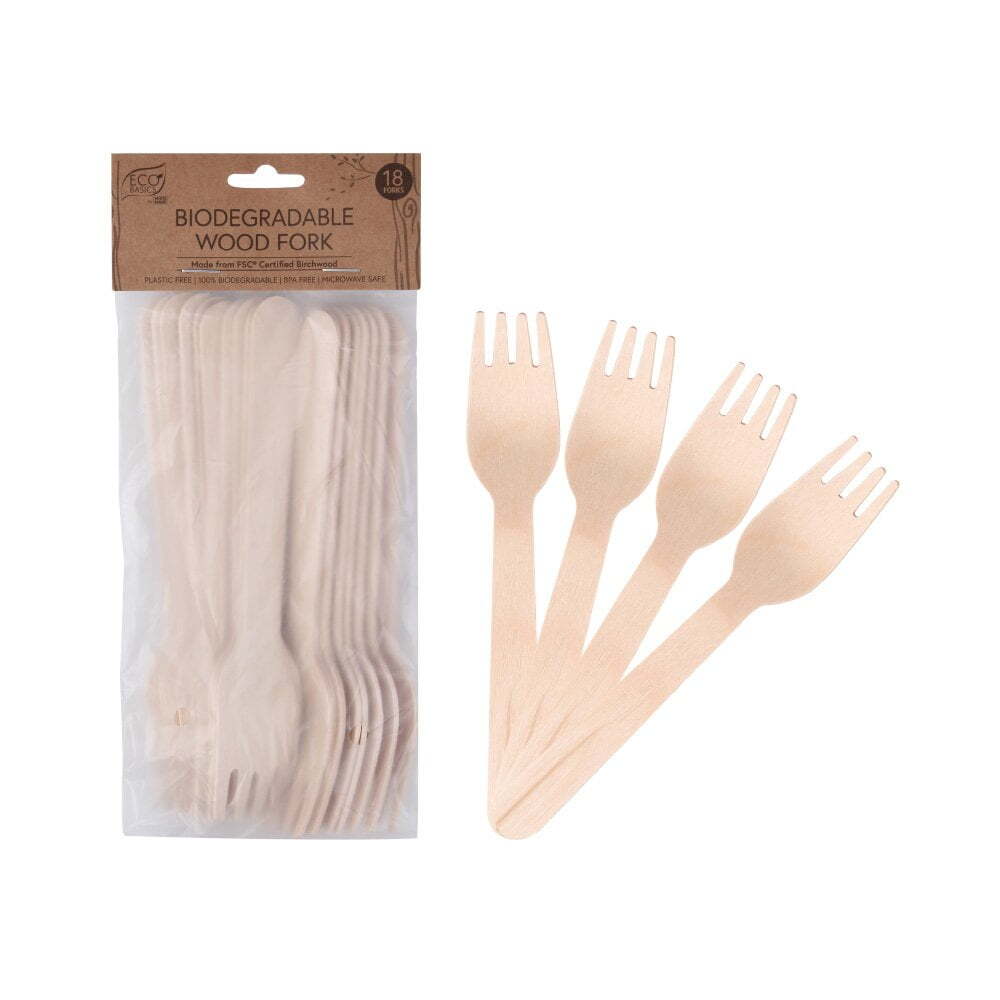 5x 18pc Eco Basics Biodegradable Wood Disposable Fork