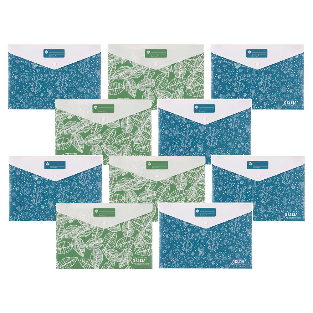 10PK Marbig We Mean Green A4 Document Filing Wallet Assorted