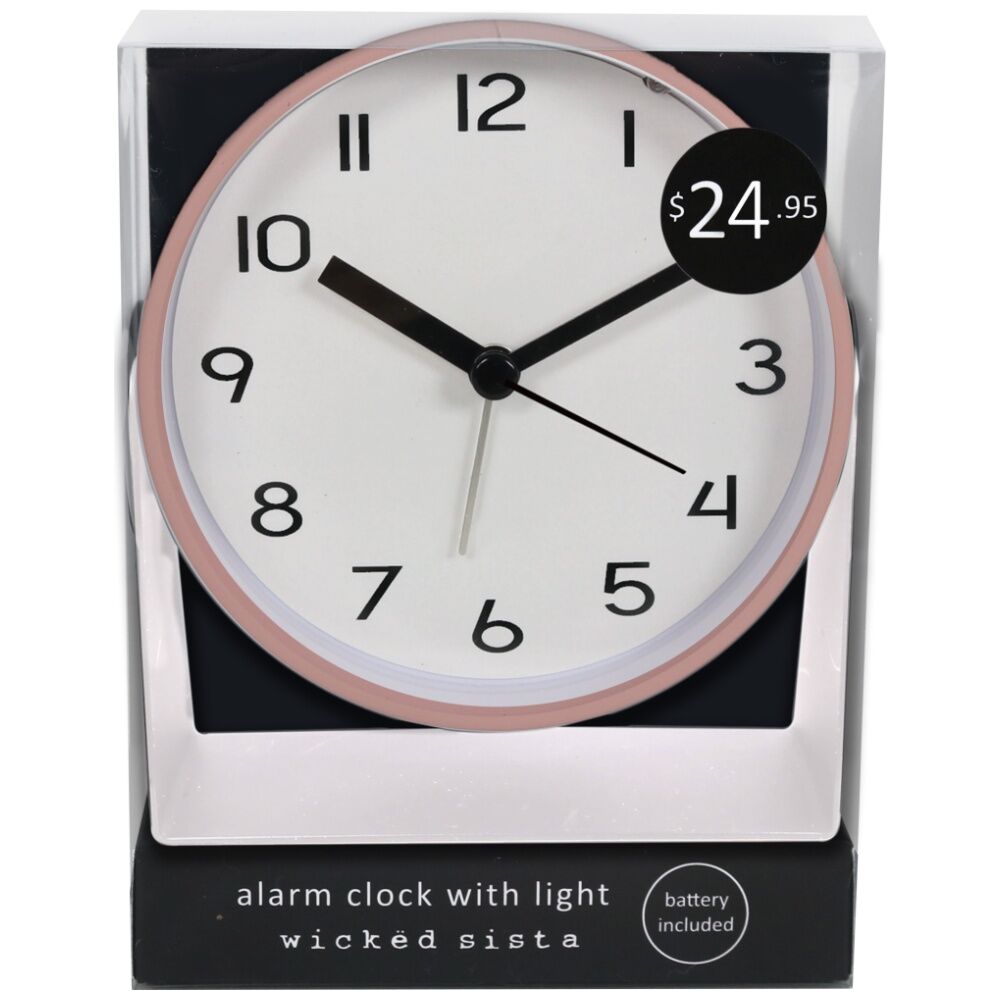 Wicked Sista Hayden Alarm Clock Silent Movement Built-In Light - Pink/White