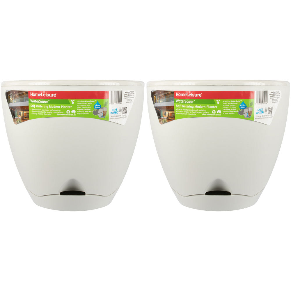 2PK Homeleisure WaterSaver Modern Round Planter 30cm White Home Garden