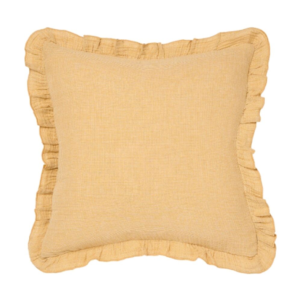 Linen House Lucy Saffron Yellow Cushion Textured Check Ruffled Edge 48x48cm