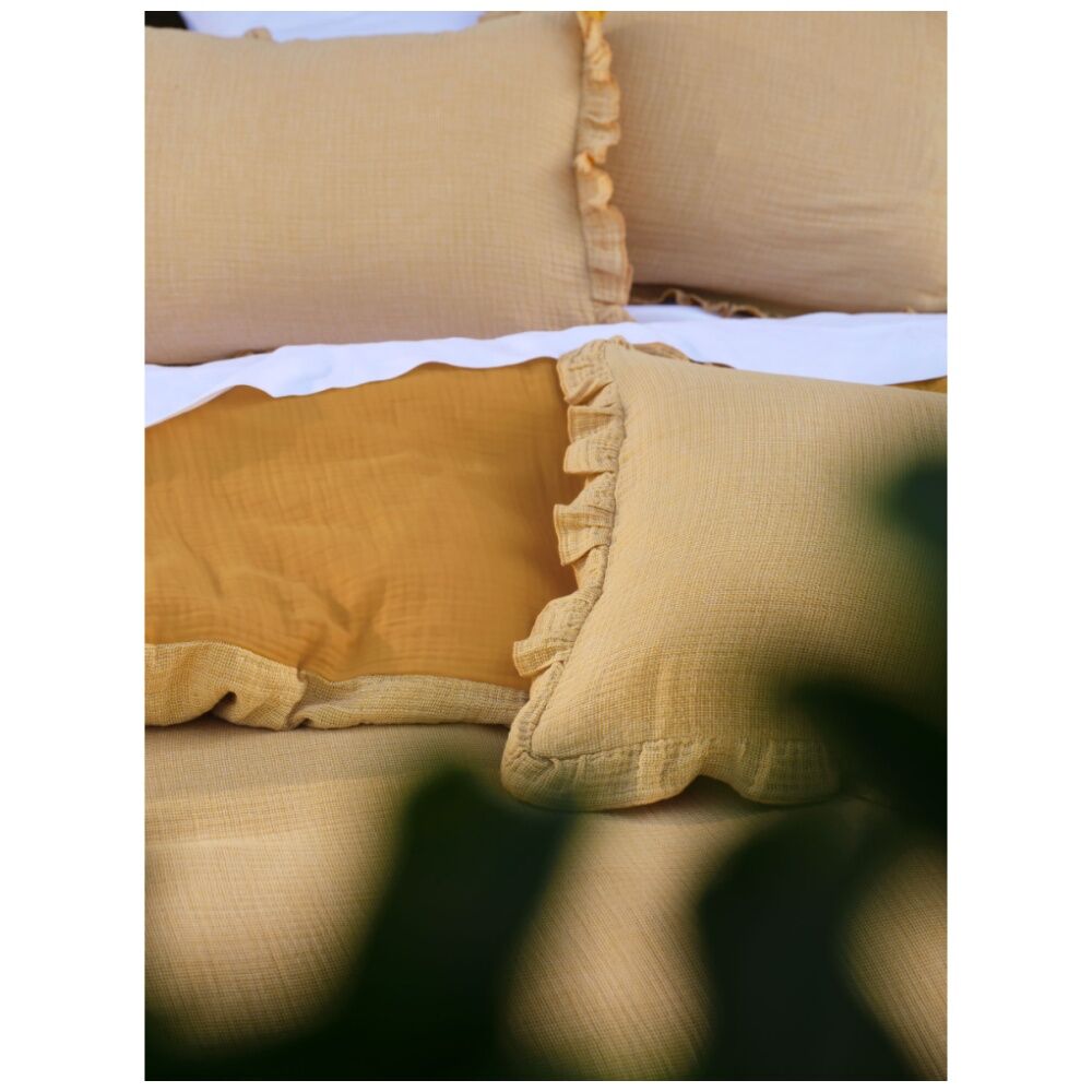 Linen House Lucy Saffron Yellow Cushion Textured Check Ruffled Edge 48x48cm