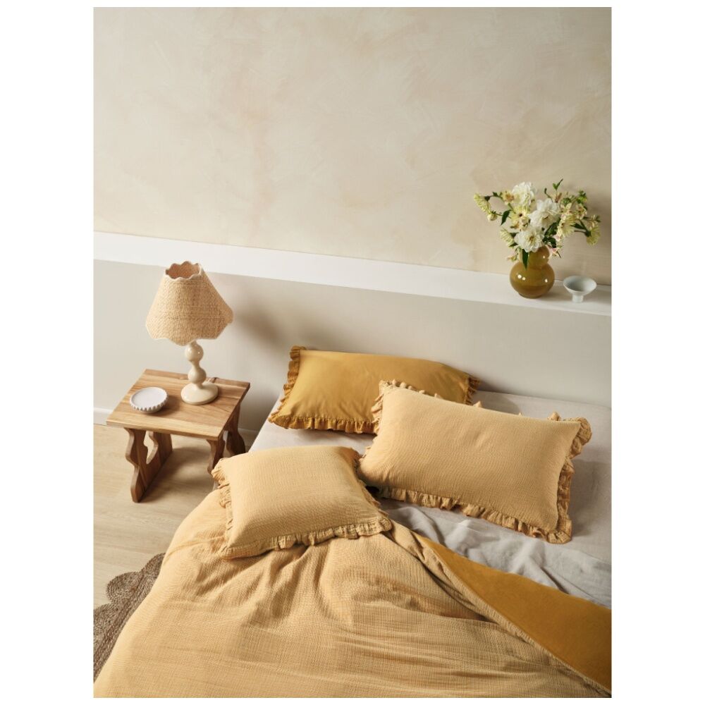 Linen House Lucy Saffron Yellow Cushion Textured Check Ruffled Edge 48x48cm