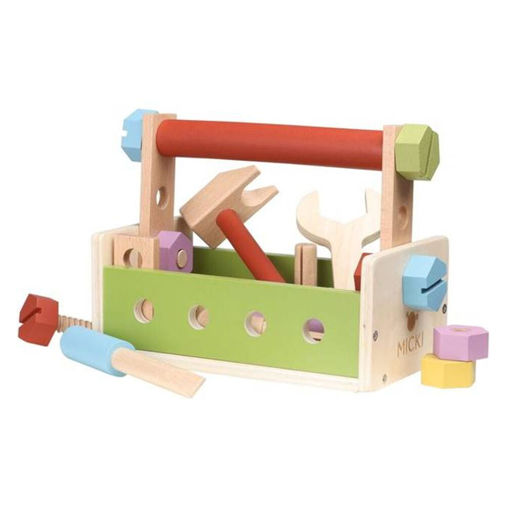 Micki Wooden Toolbox w/ Tools Build & Play Kids Pretend Carpenter Toy 3y+