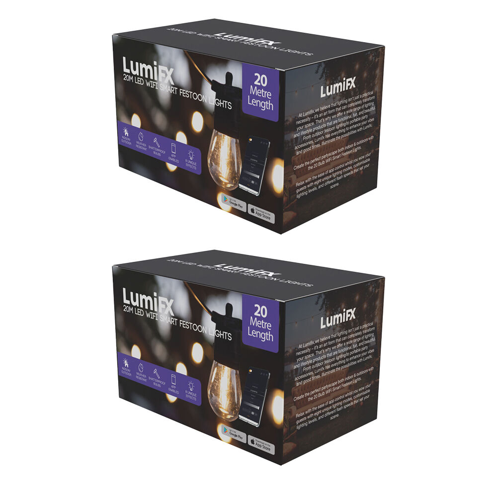 2PK LumiFX 20 Bulb LED WIFI Smart Indoor/Outdoor Festoon Lights 20m Warm White