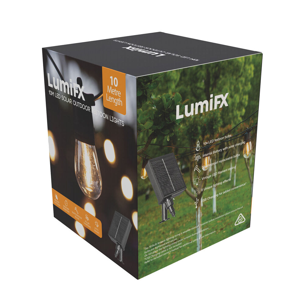 LumiFX 10 Bulb Solar Powered Outdoor Festoon Lights 10m Warm White