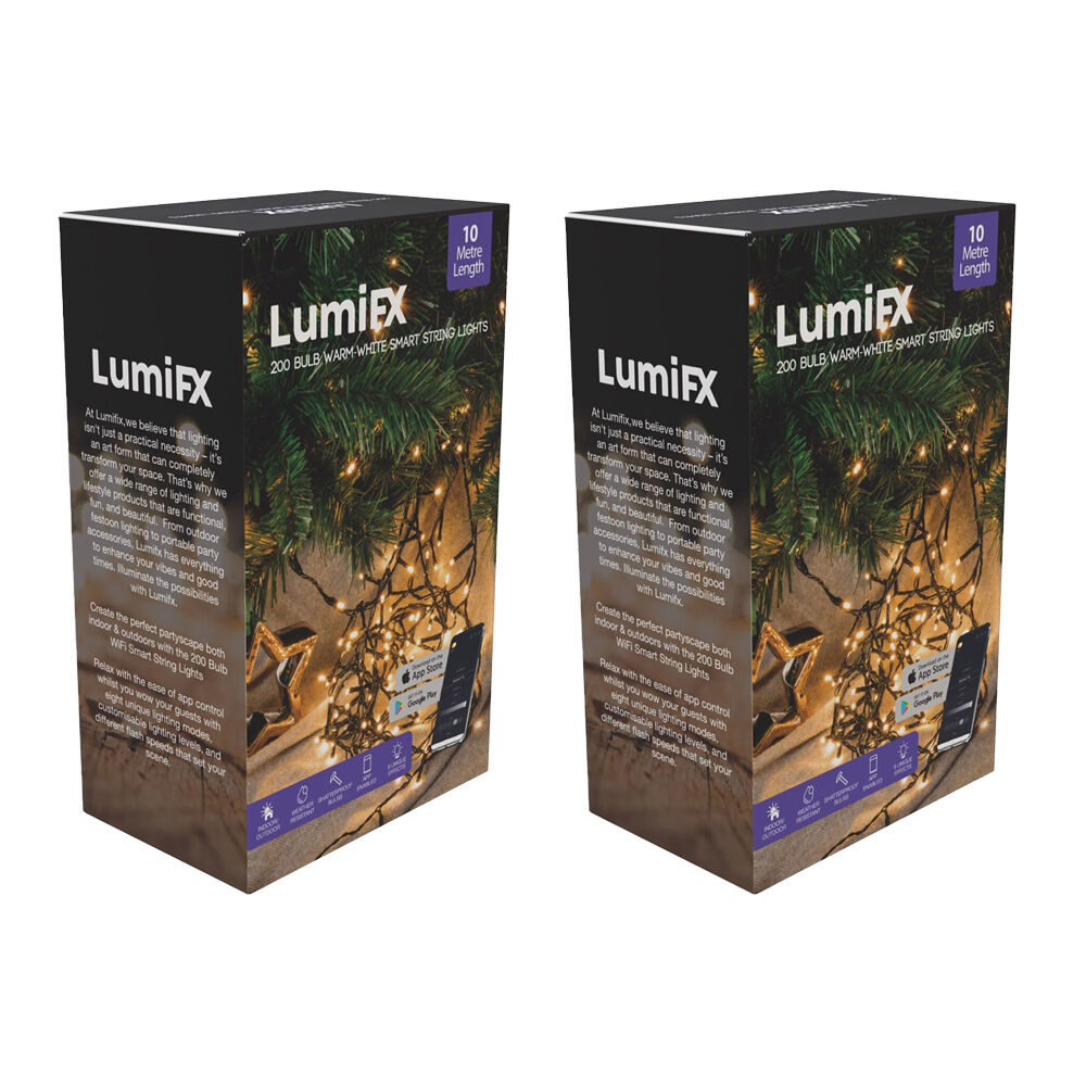 2PK LumiFX 200 Bulb LED Wifi Smart String Lights Indoor/Outdoor 10m Warm White