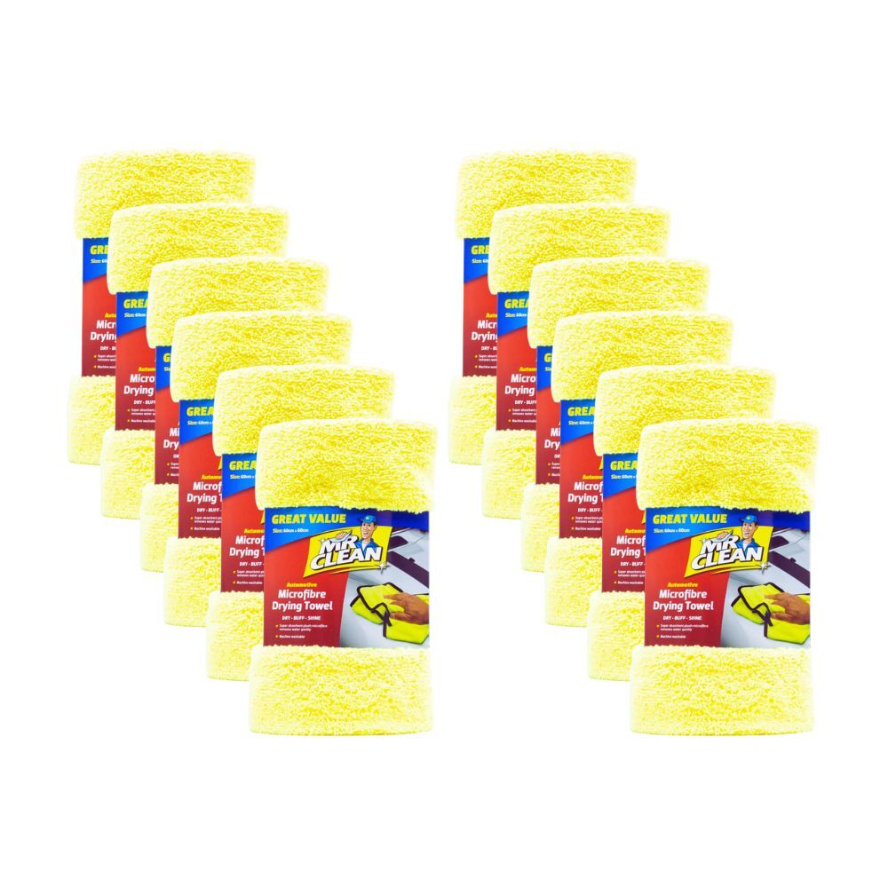 12PK Mr Clean Automotive Dry Buff Shine Microfibre Drying Towel 60x60cm Yellow