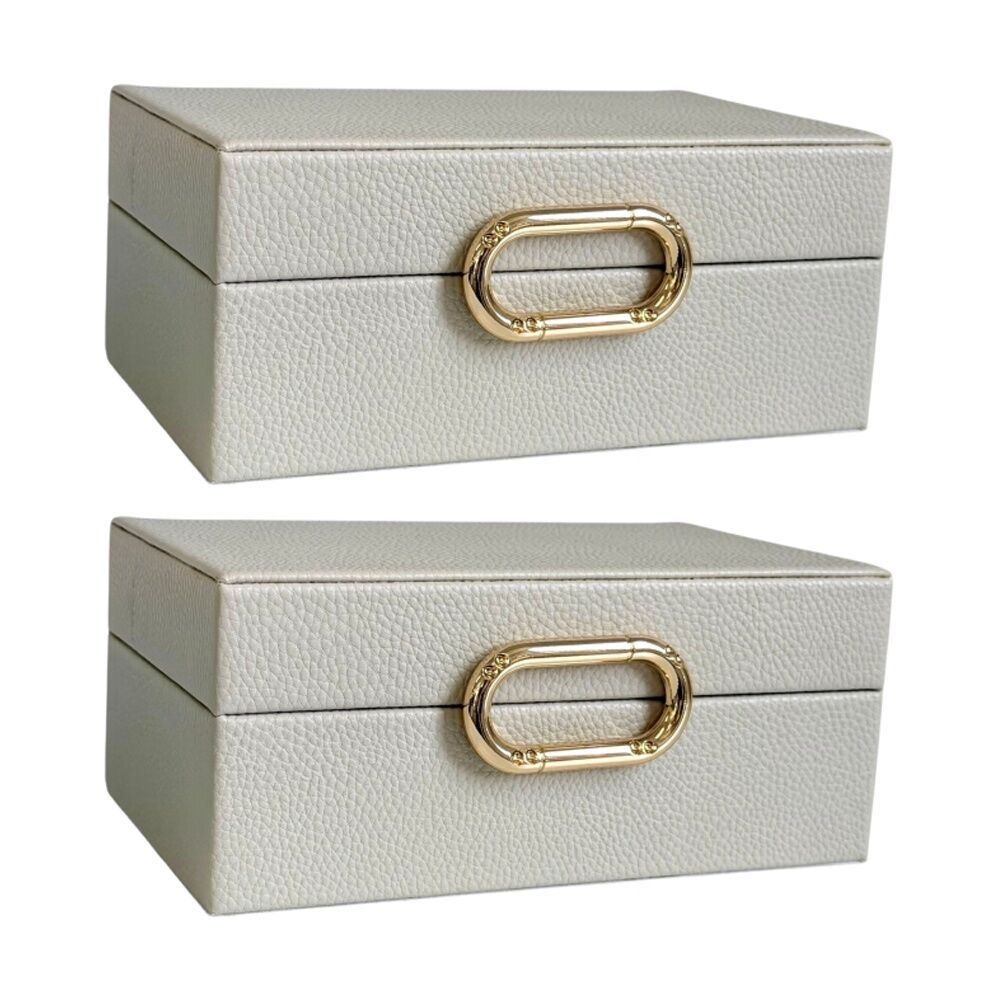 2PK SS Collective Cream Pebble Textured Decorative Box W/ Gold Ring Latch Small