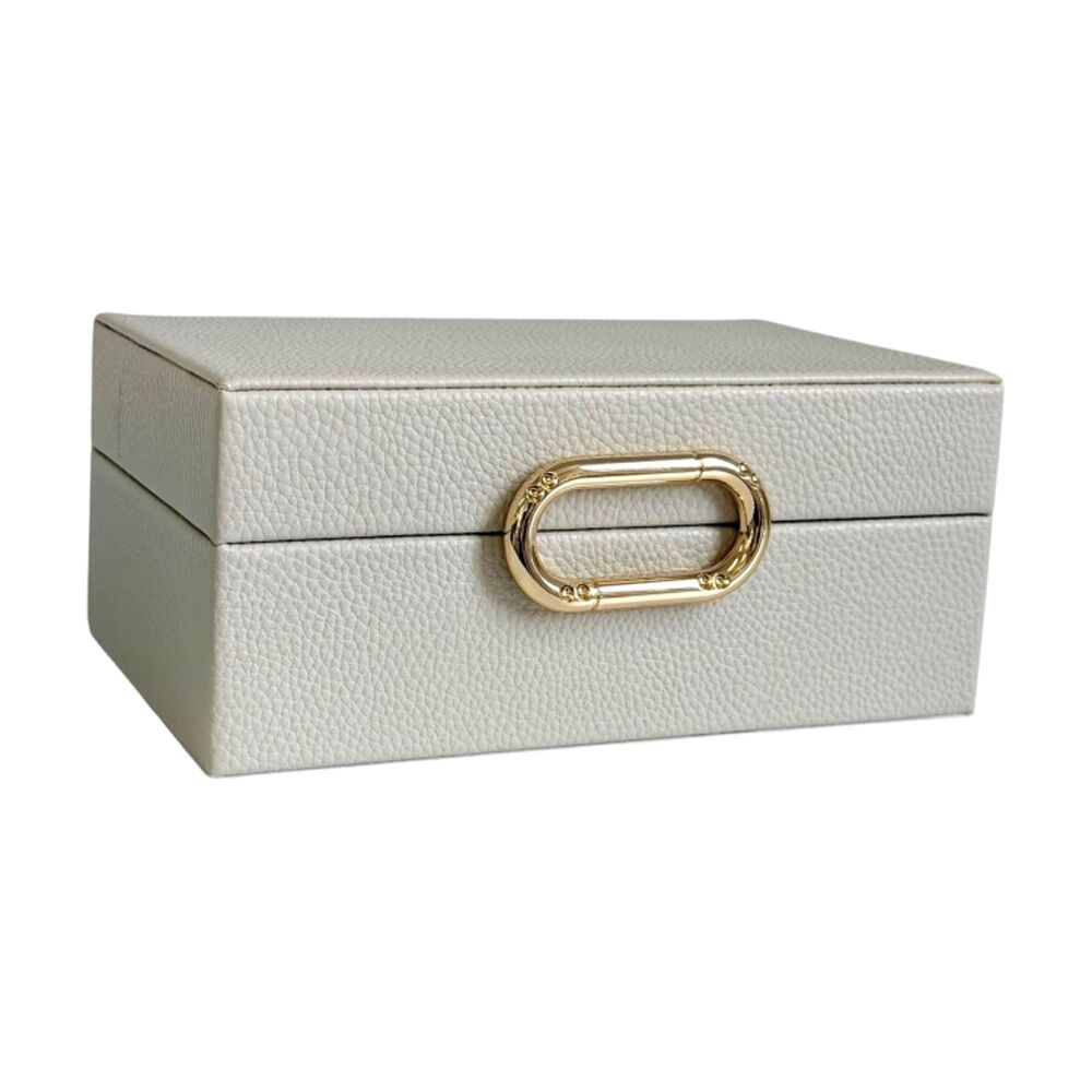 2PK SS Collective Cream Pebble Textured Decorative Box W/ Gold Ring Latch Small