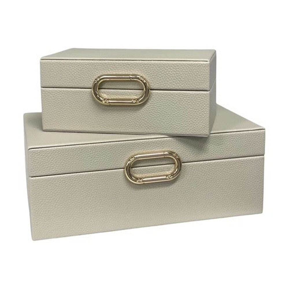 2PK SS Collective Cream Pebble Textured Decorative Box W/ Gold Ring Latch Large