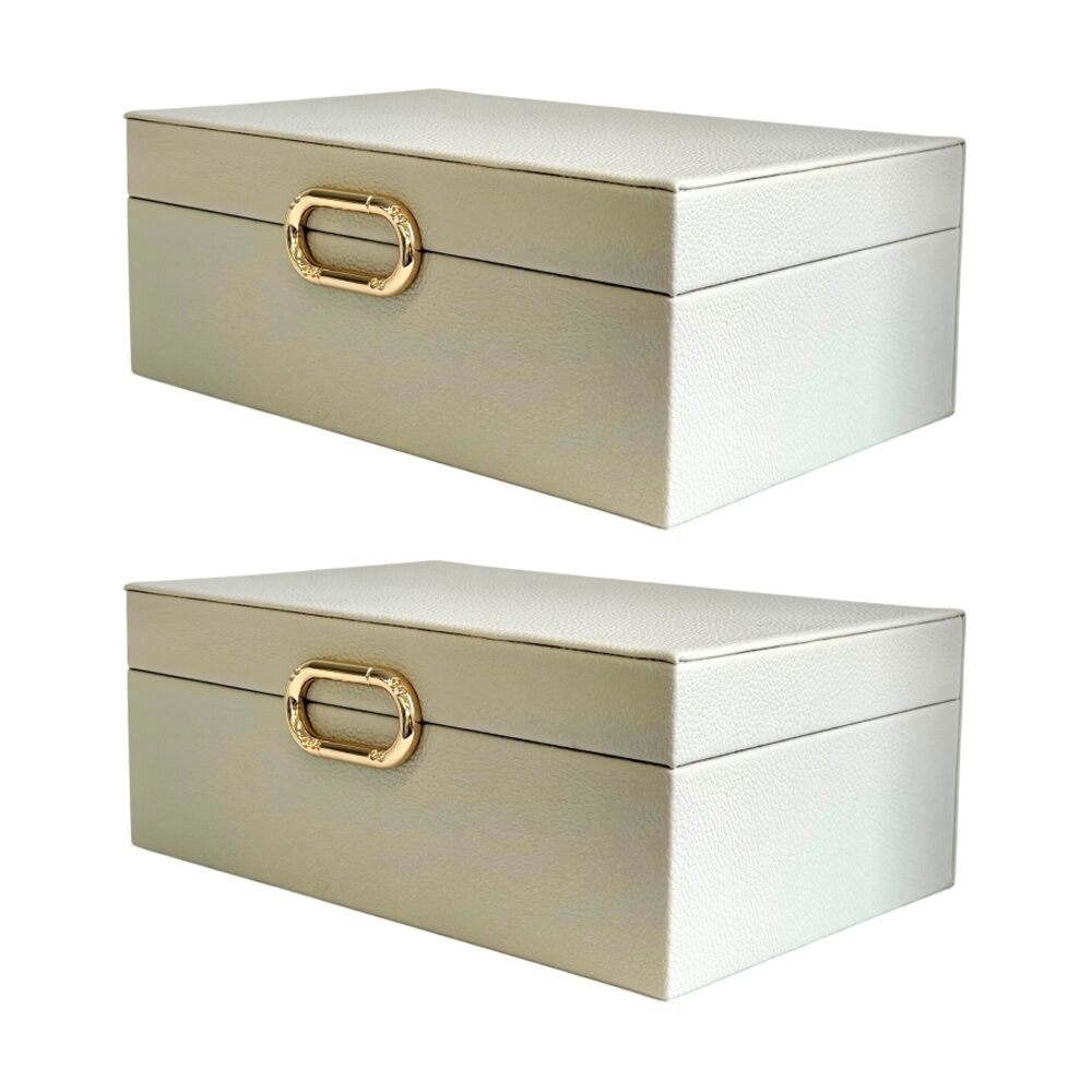 2PK SS Collective Cream Pebble Textured Decorative Box W/ Gold Ring Latch Large