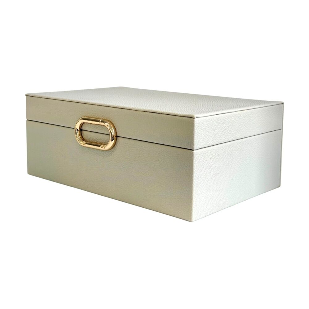 2PK SS Collective Cream Pebble Textured Decorative Box W/ Gold Ring Latch Large