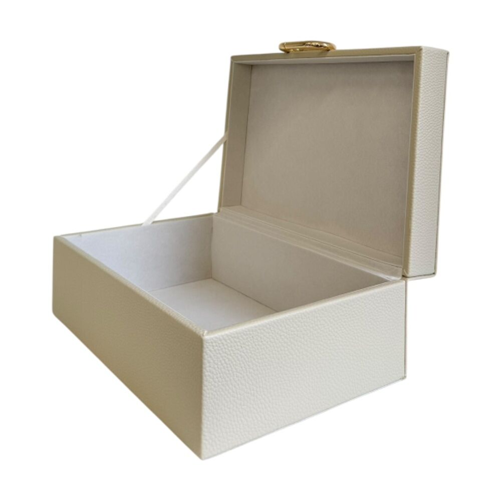 2PK SS Collective Cream Pebble Textured Decorative Box W/ Gold Ring Latch Large