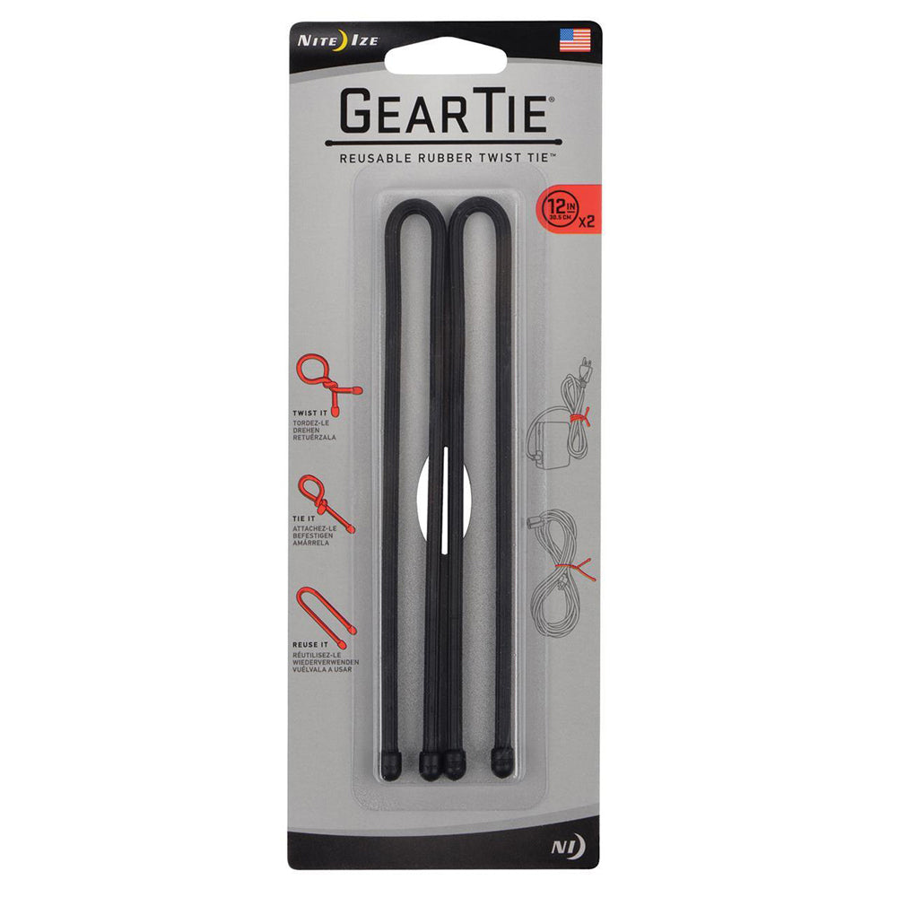 2x 2pc Nite Ize Gear Tie 12in Reusable Rubber Twist Organiser - Black