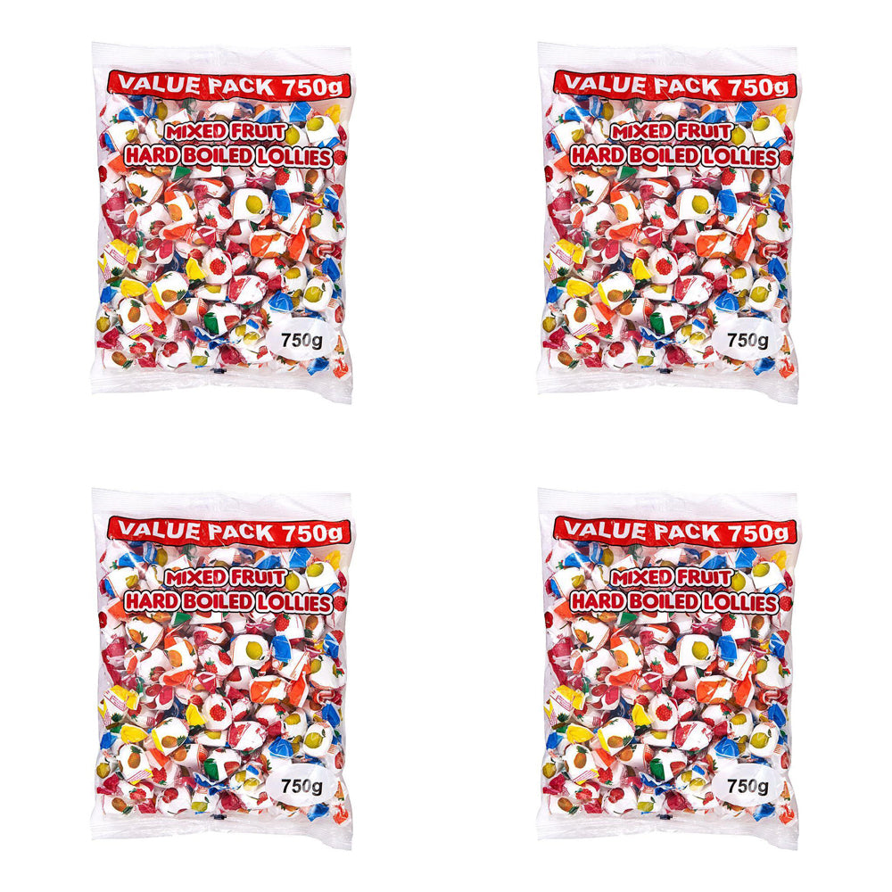 4PK Hard Boiled Assorted Mixed Fruit Flavour Lollies 750g Bag