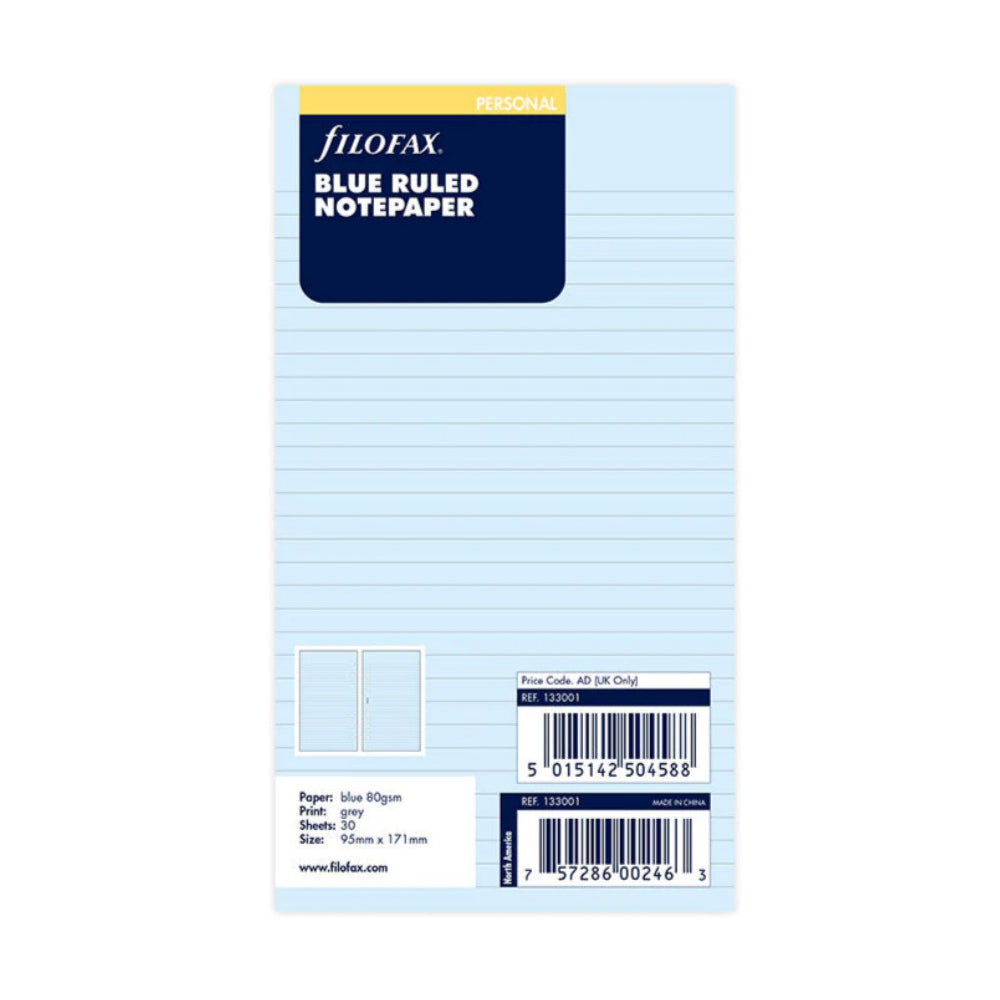 3x 30pc Filofax 17cm Personal Refill Ruled Notepaper Blue