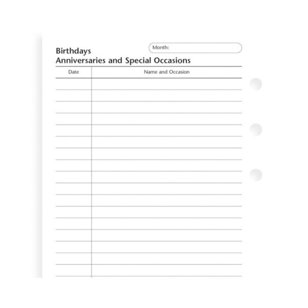 3x 20pc Filofax 20cm Pocket Refill Birthday/Anniversary Reminder