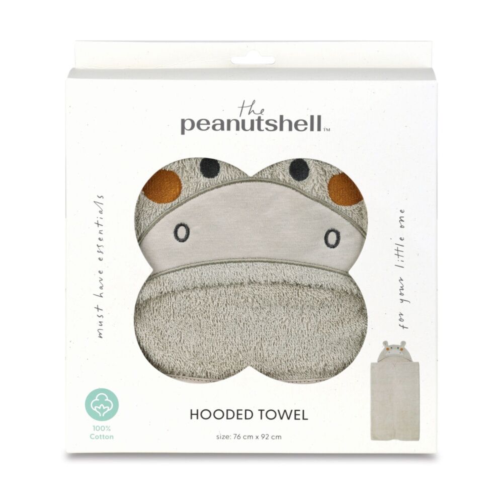 The Peanutshell Safari Dreams Kids Hooded Hippo Towel 100% Cotton Tan