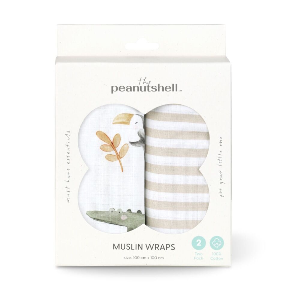 2pc The Peanutshell Safari Dreams Baby Muslin Wraps 100% Cotton White/Beige