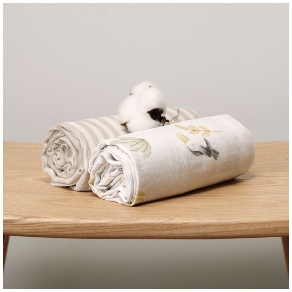 2pc The Peanutshell Safari Dreams Baby Muslin Wraps 100% Cotton White/Beige