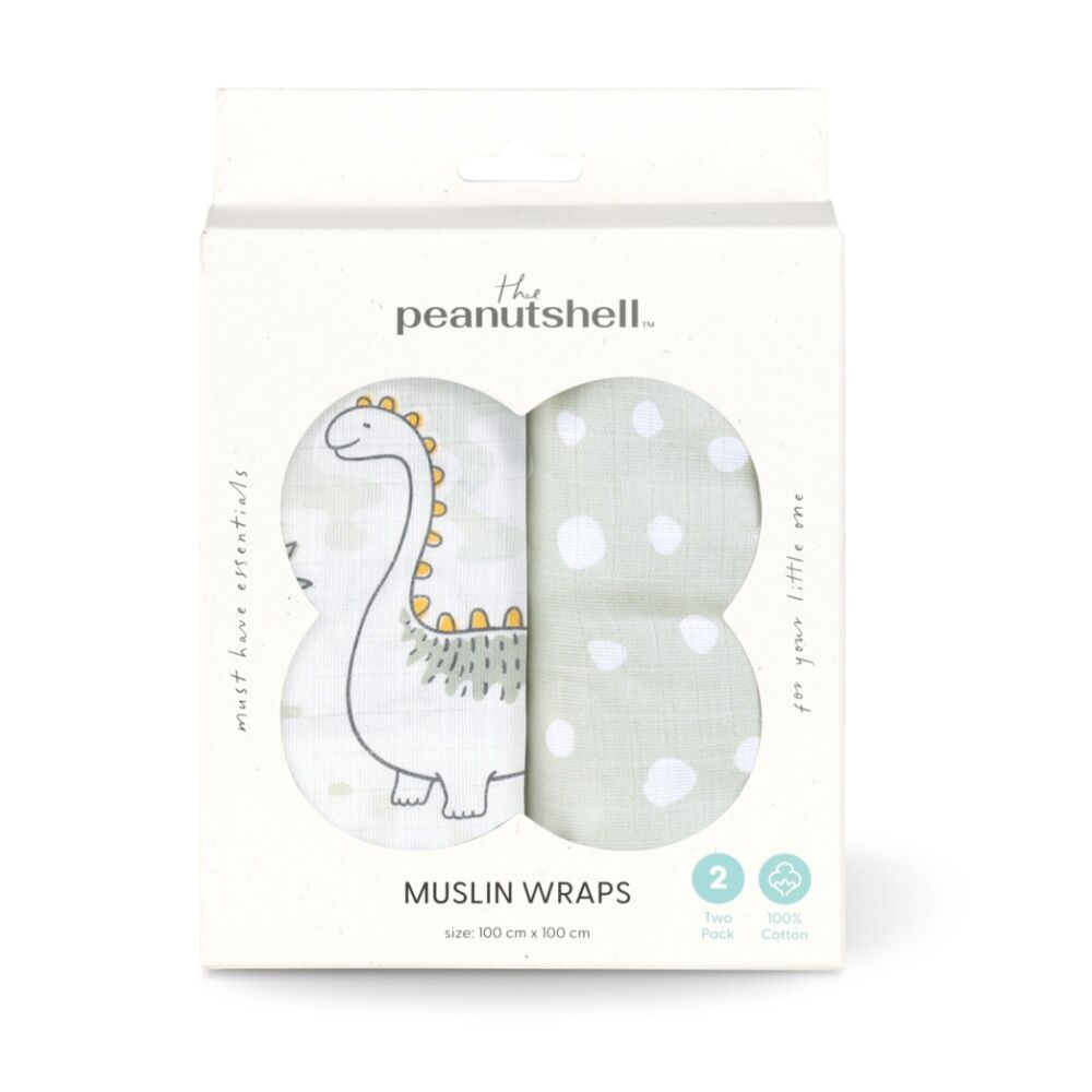 2pc The Peanutshell Dinosaur Baby Muslin Wraps 100% Cotton Sage Green/White