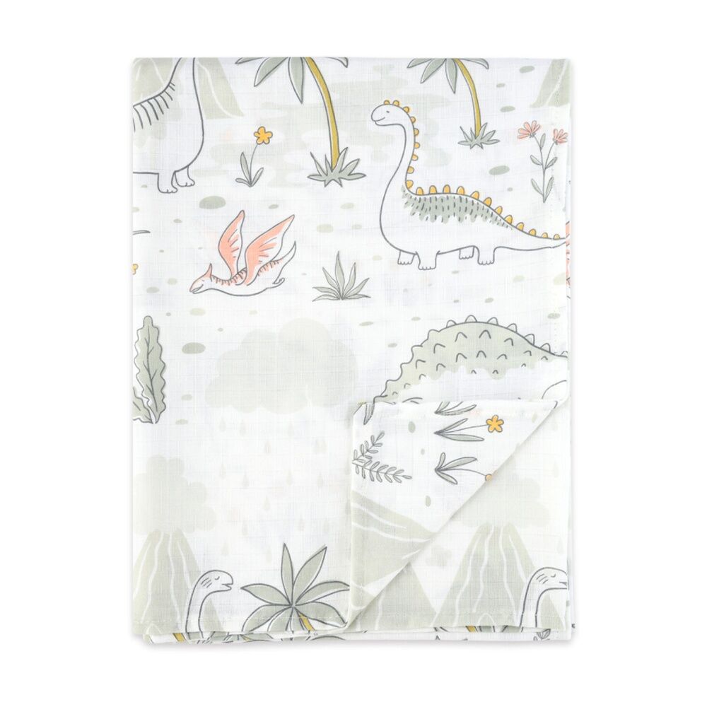 2pc The Peanutshell Dinosaur Baby Muslin Wraps 100% Cotton Sage Green/White