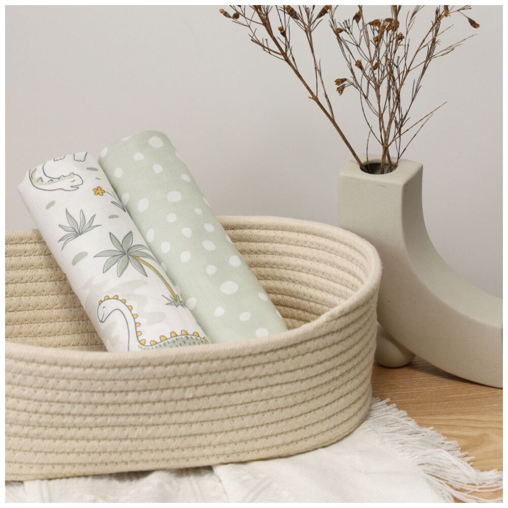 2pc The Peanutshell Dinosaur Baby Muslin Wraps 100% Cotton Sage Green/White