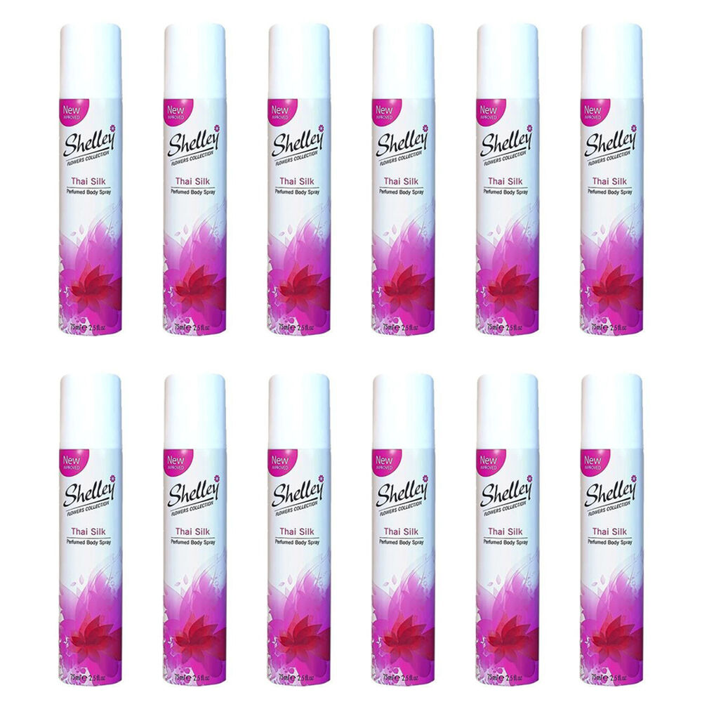 12PK Shelley Deodorant Body Spray Thai Silk 75ml All-Day Odour Control