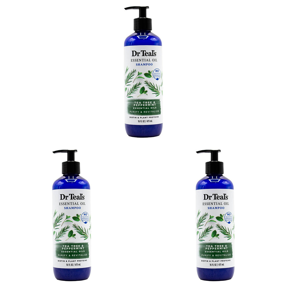 3PK Dr Teals 473ml Shampoo Purify/Revitalize Tea Tree Peppermint Essential Oils