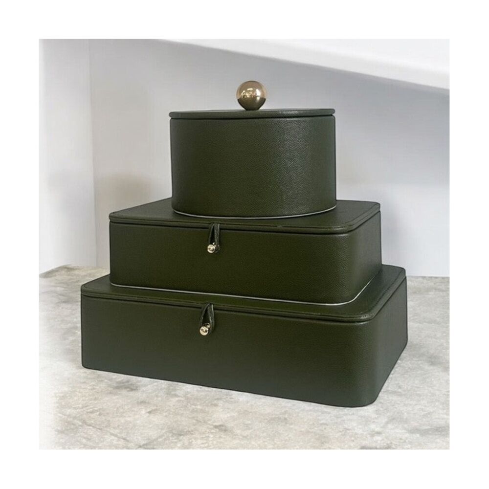SS Collective Moss Green Stitched With Gold Decorative Round Box 16x9cm