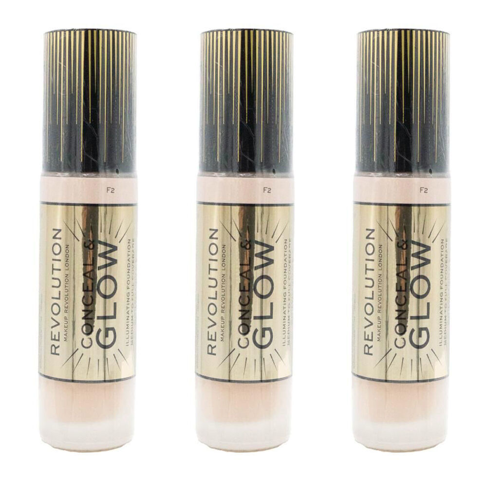 3PK Revolution Conceal & Glow Illuminating Liquid Foundation 23ml Makeup F2