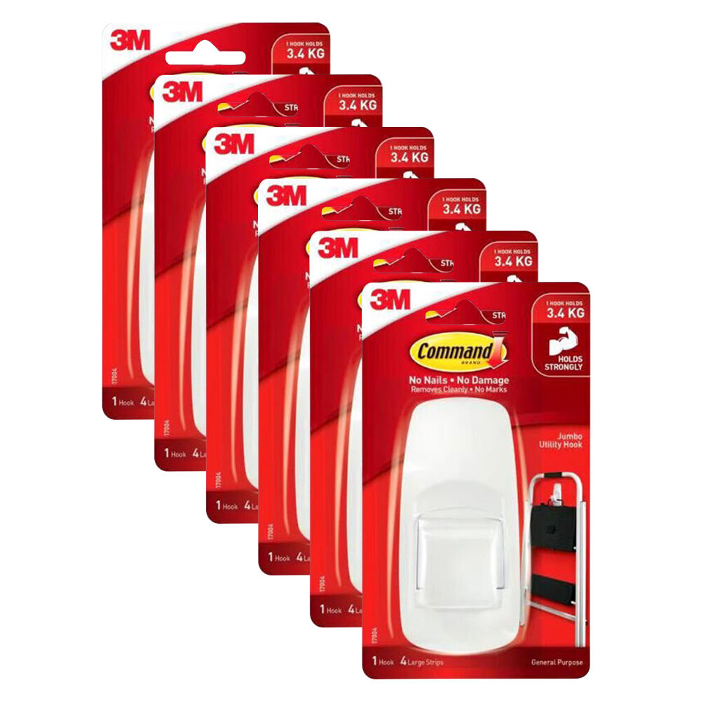 8PK 3M Command No Nail Jumbo Hanging Utility Wall Hook Holds 3.4kg White