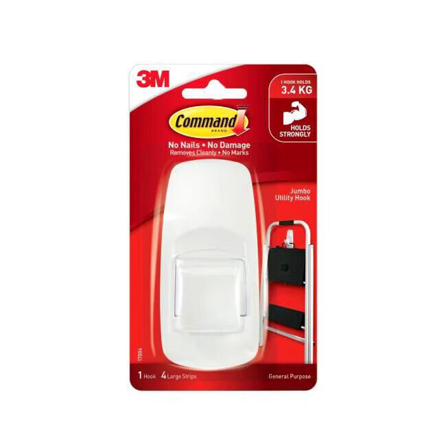 8PK 3M Command No Nail Jumbo Hanging Utility Wall Hook Holds 3.4kg White