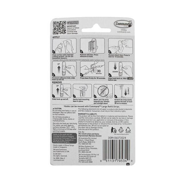 8PK 3M Command No Nail Jumbo Hanging Utility Wall Hook Holds 3.4kg White