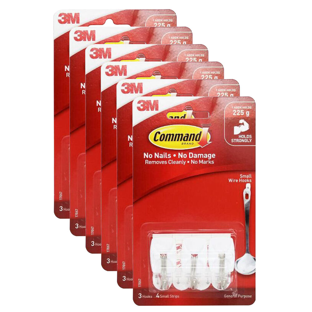 6x 3pc 3M Command No Nail Small Hanging Wall Wire Hook Holds 225g White