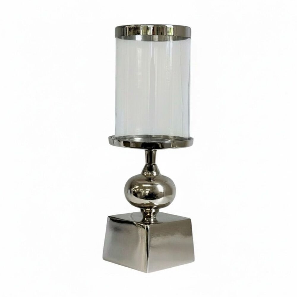 SS Collective Small Hurricane Candle Holder Silver Ball W/ Square Base 31cm