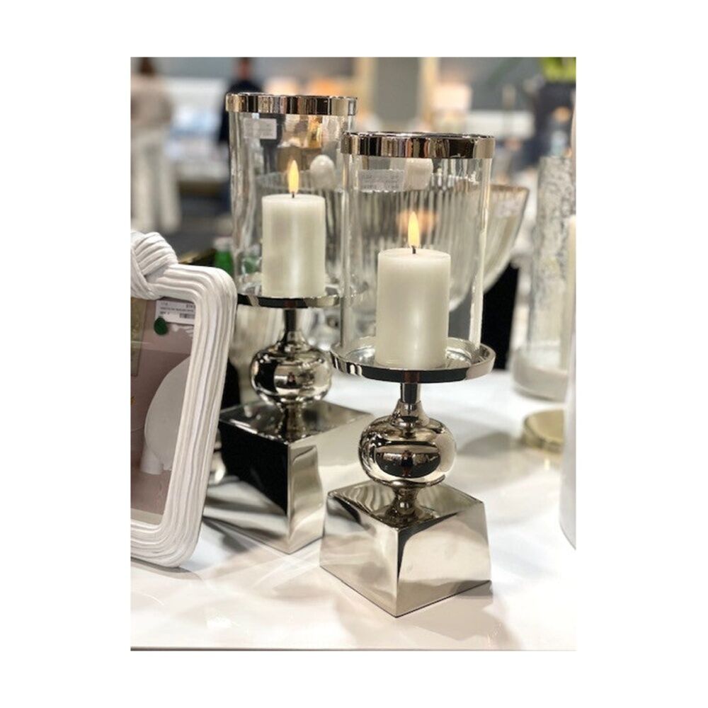 SS Collective Small Hurricane Candle Holder Silver Ball W/ Square Base 31cm