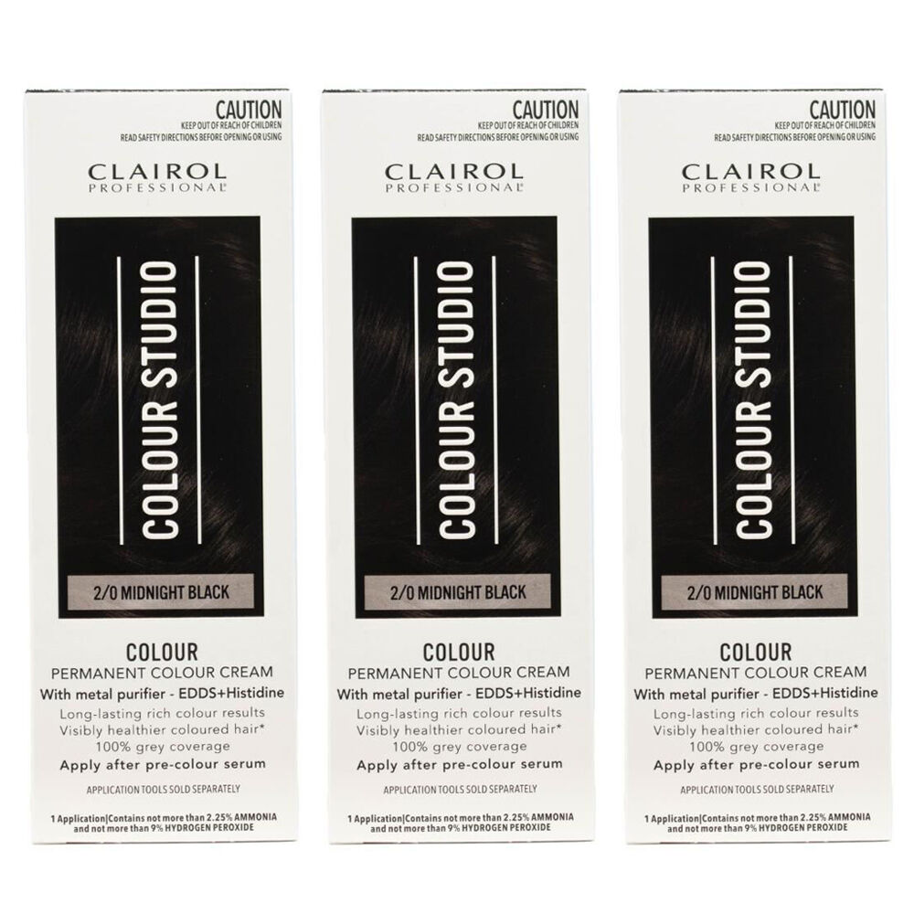 3PK Clairol Professional Permanent Hair Colour Cream 2/0 Midnight Black Dye