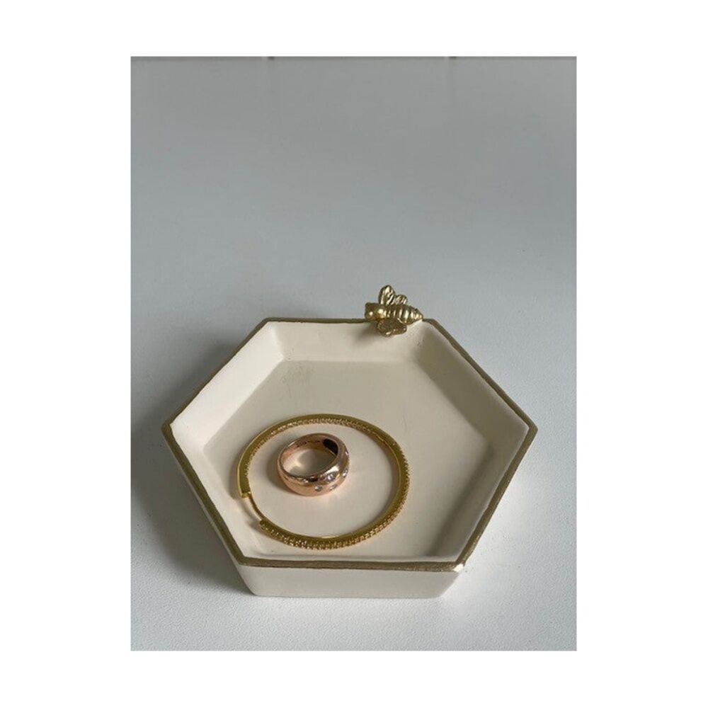 SS Collective Cream & Gold Trim Resin Bathroom Tray W/ Bee Small