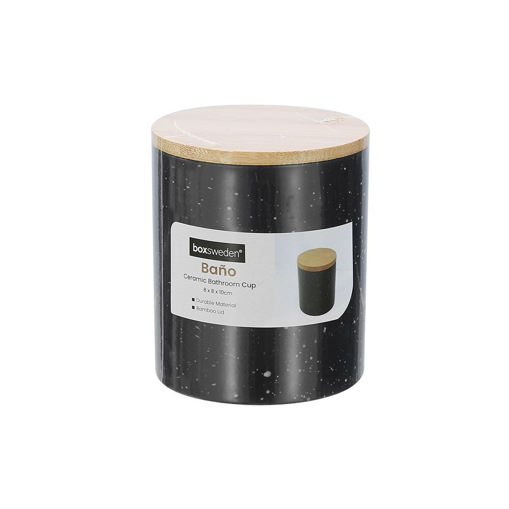3x Boxsweden Bano 8x10cm Ceramic Bathroom Cup w/ Bamboo Lid - Black Speckle