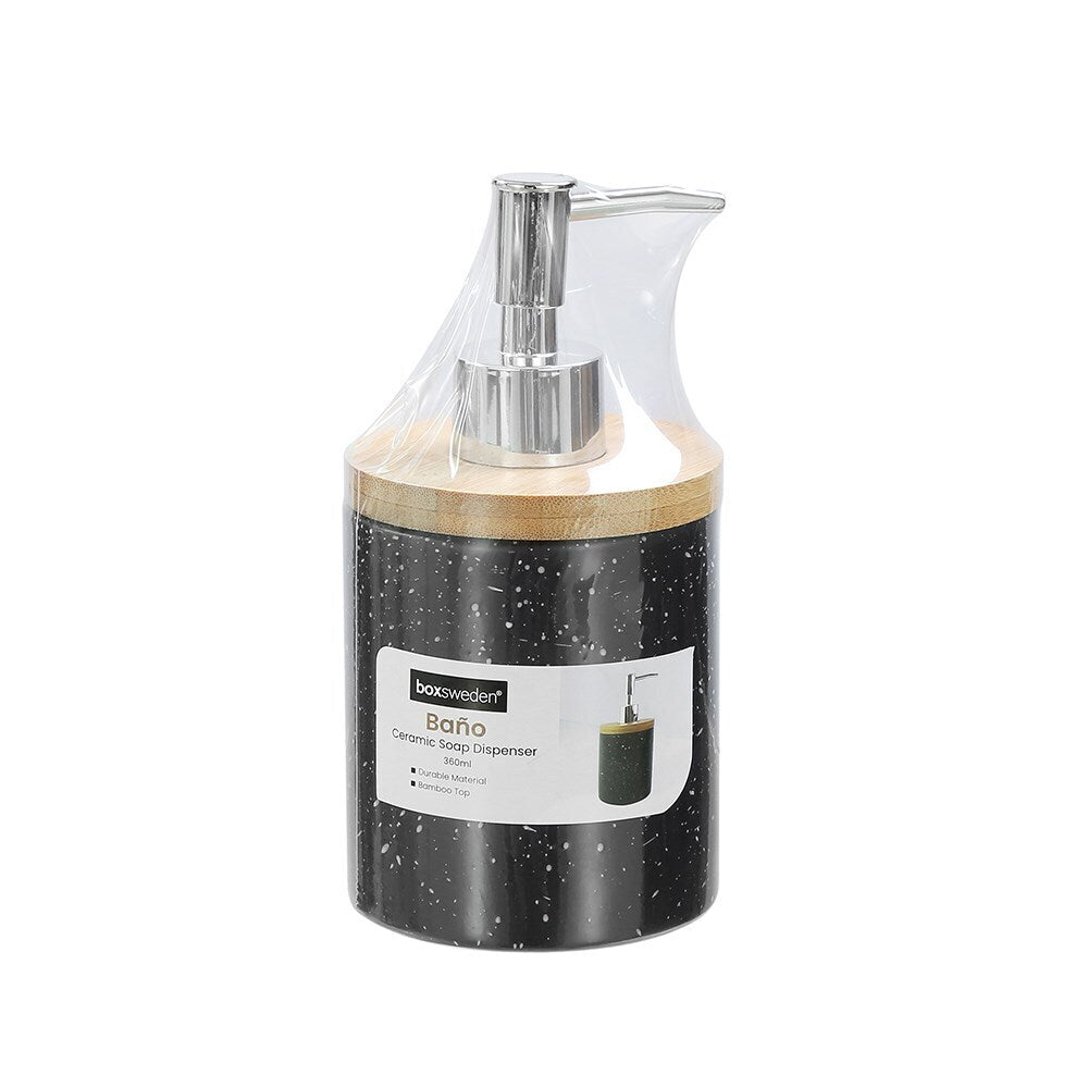 3x Boxsweden Bano 8x16cm Ceramic Soap Dispenser w/ Bamboo Top - Black Speckle