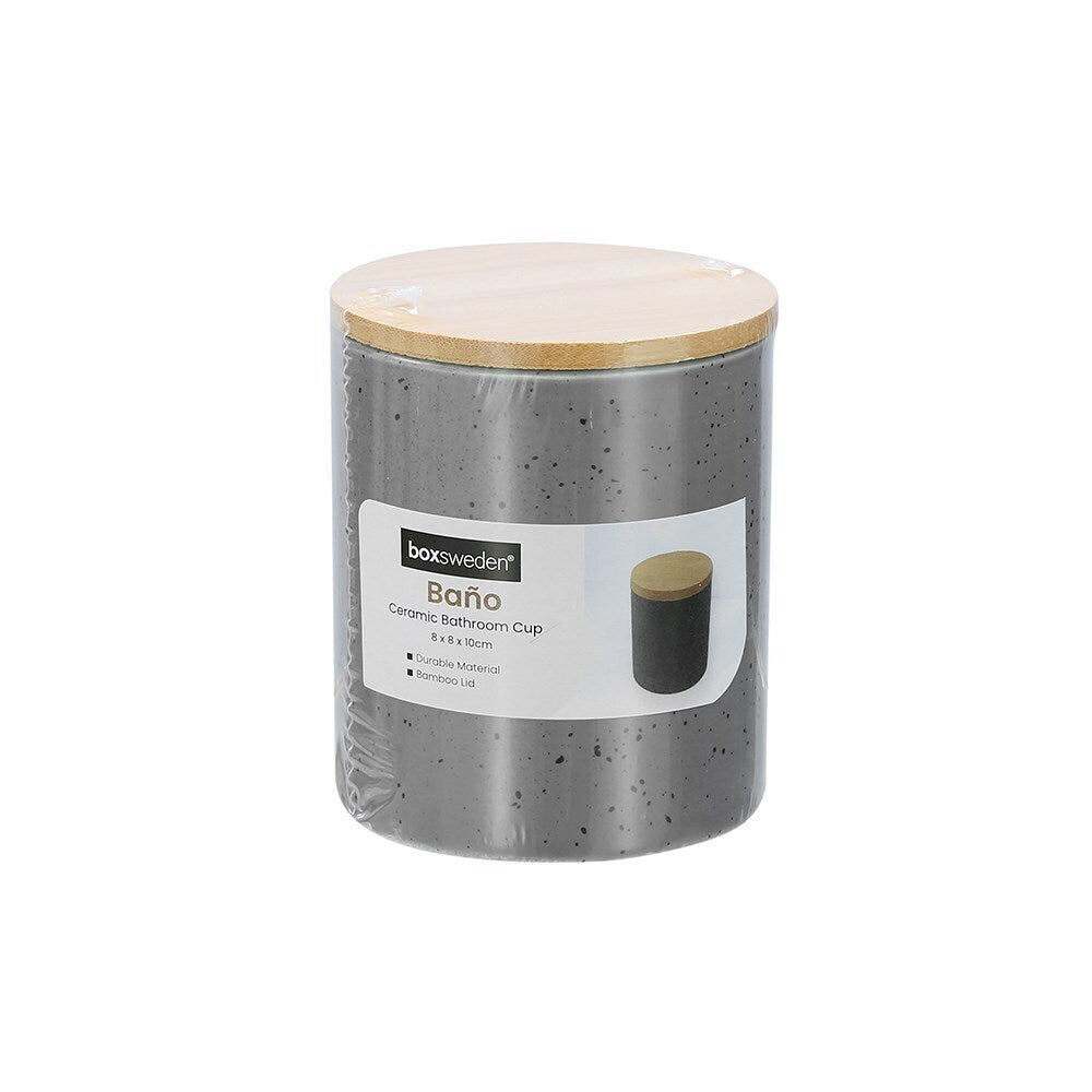 3x Boxsweden Bano 8x10cm Ceramic Bathroom Cup w/ Bamboo Lid - Grey Speckle
