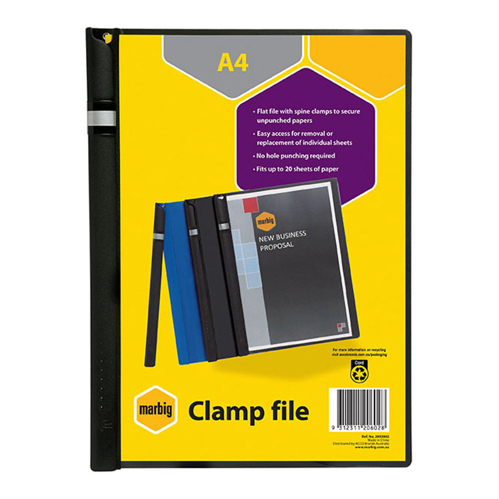 4PK Marbig Clear Front File Document A4 Spine Clamp - Black